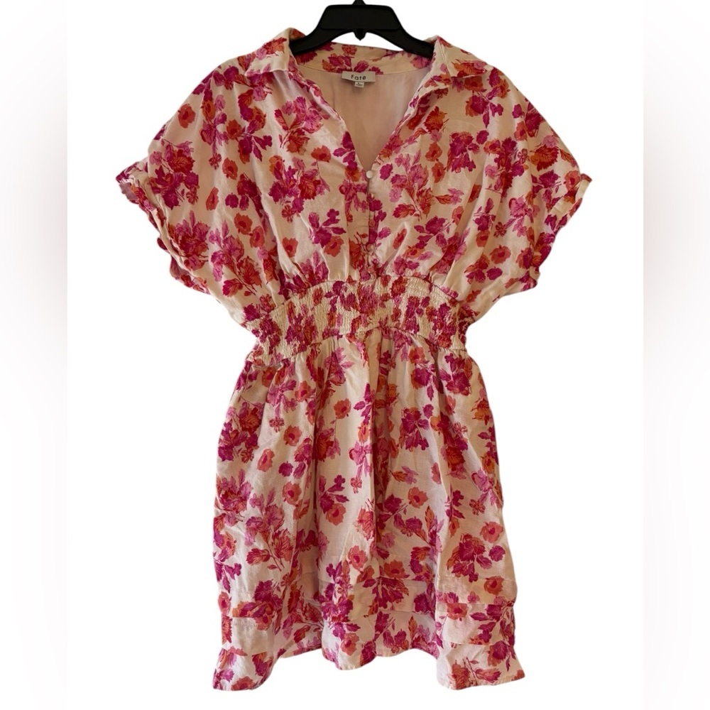 Fate Floral Mini Dress Size L Pink Orange Smocked Waist Boho Cottagecore